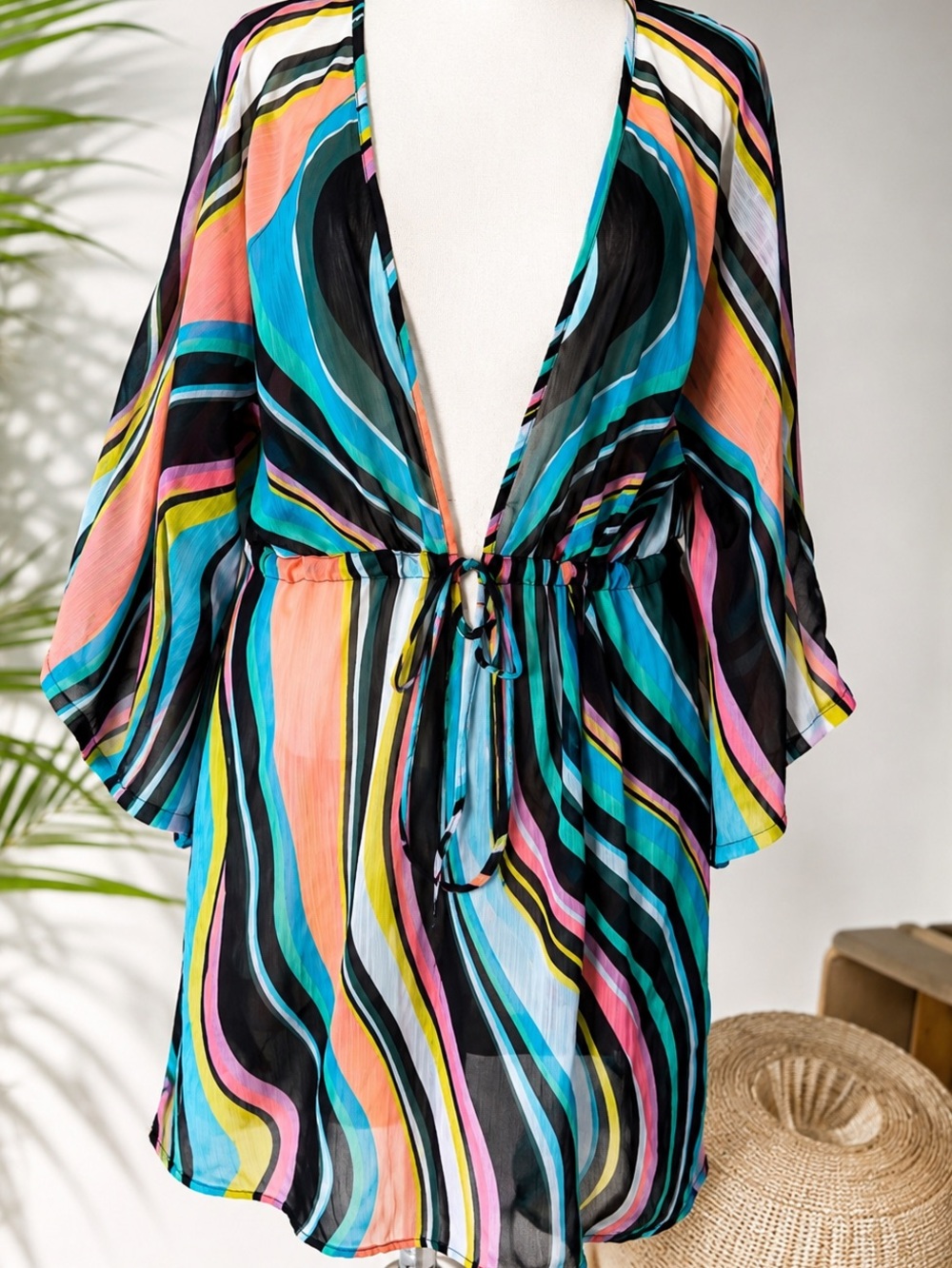 Sanctuary Sheer Kimono Swim Cover Up Medium Colorful Resort Beach Coverup